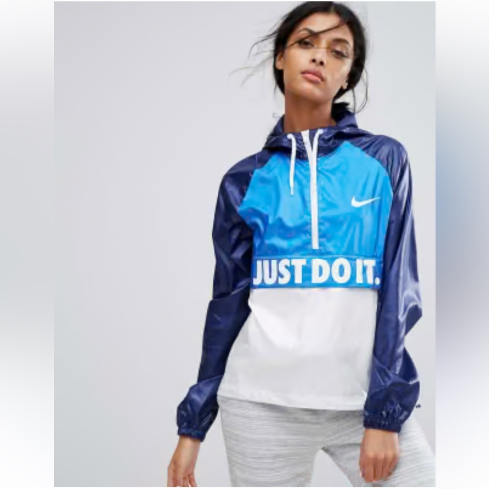 381 Nike Just Do It Blue White Half Zip Pullover Windbreaker Jacket Small